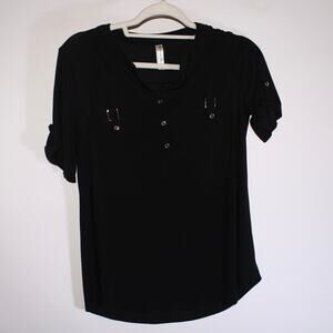 Per Seption Concept Black Short Sleeve Blouse With Buttons Size S